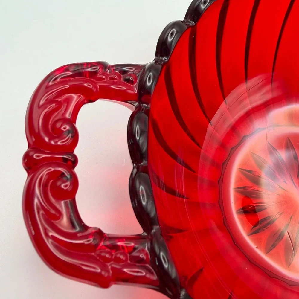 Vintage Ruby Red Glass Double Handled Candy Dish Bowl Starburst Base 6.25